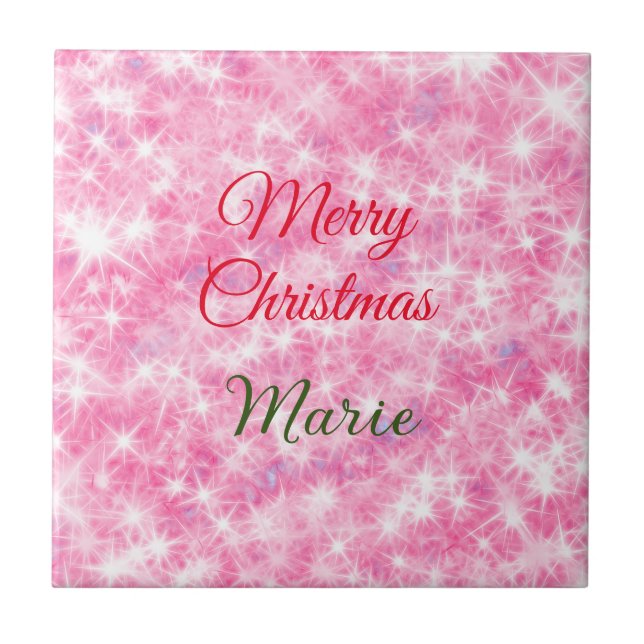 Merry Christmas add name red sparkle glitter holid Tile (Front)