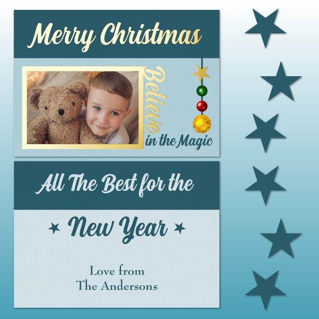 Merry Christmas add photo baubles stars blue real Foil Holiday Card (Creator Uploaded)