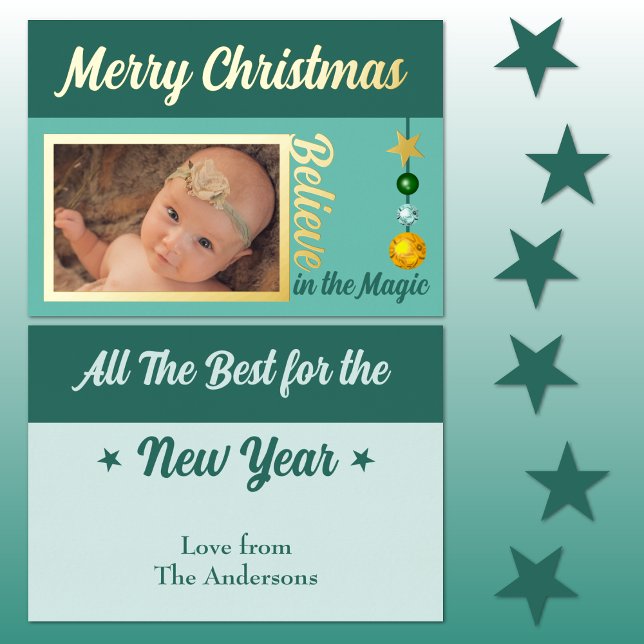 Merry Christmas add photo baubles stars green real Foil Holiday Card (Creator Uploaded)
