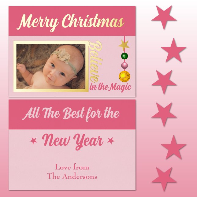 Merry Christmas add photo baubles stars pink real Foil Holiday Card (Creator Uploaded)