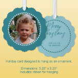 Merry Christmas add photo family name blue Tree Decoration Card<br><div class="desc">Personalise this 'Merry Christmas' ornament card with a photo on the front and your family name on the back.
Comes with a convenient ribbon for hanging,  making them easy to display and enjoy.
Blue and white.</div>