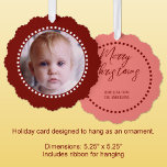 Merry Christmas add photo family name red Tree Decoration Card<br><div class="desc">Personalise this 'Merry Christmas' ornament card with a photo on the front and your family name on the back.
Comes with a convenient ribbon for hanging,  making them easy to display and enjoy.
Red and white.</div>