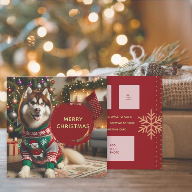 Merry Christmas Add Up To 4 Photos Greeting Card (The front and back of the Siberian Husky Christmas Holiday photo greeting card)