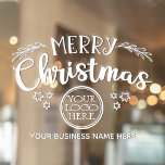 Merry Christmas add your logo and business name Window Cling<br><div class="desc">Holiday window cling for your shop window featuring the wording "Merry Christmas" in white modern lettering,  decorated with little stars and mistletoe leaves.
This cling is personalizable by adding your business logo and by editing the template text with your shop name or any custom text.</div>