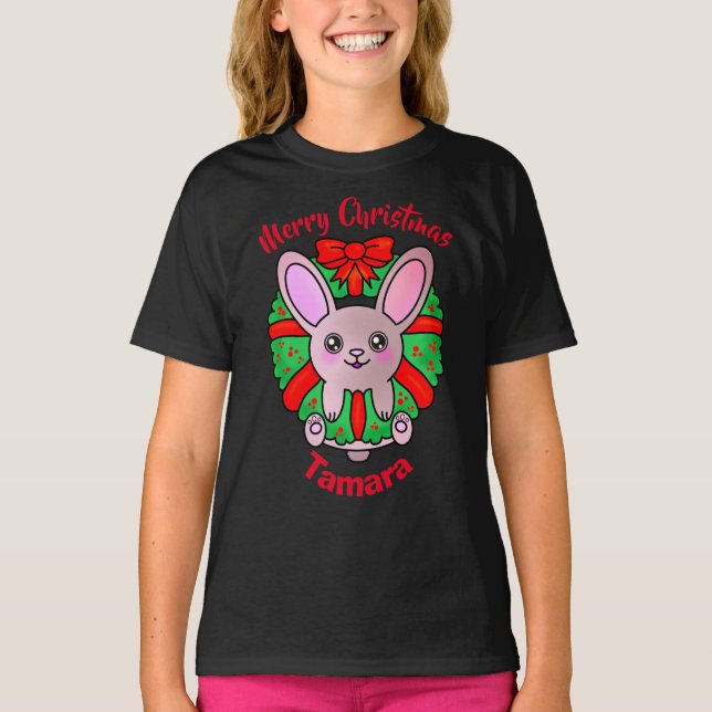 Merry Christmas Adorable Baby Bunny in Wreath T-Shirt (Front)