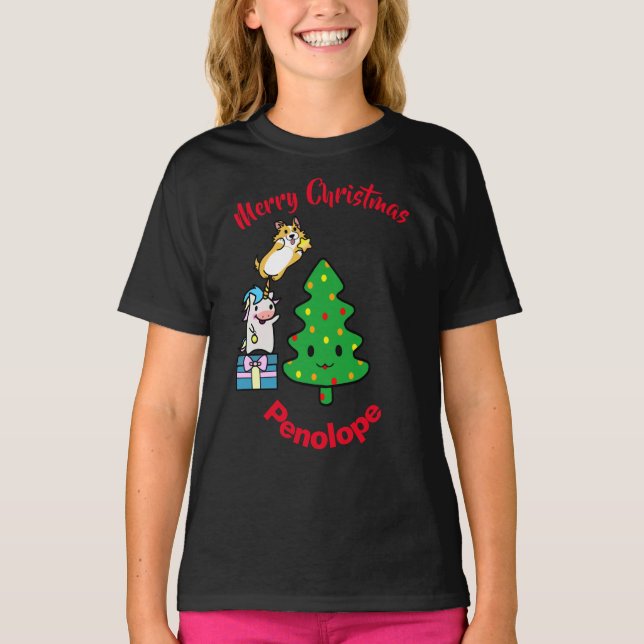 Merry Christmas Adorable Corgi & Unicorn with Star T-Shirt (Front)