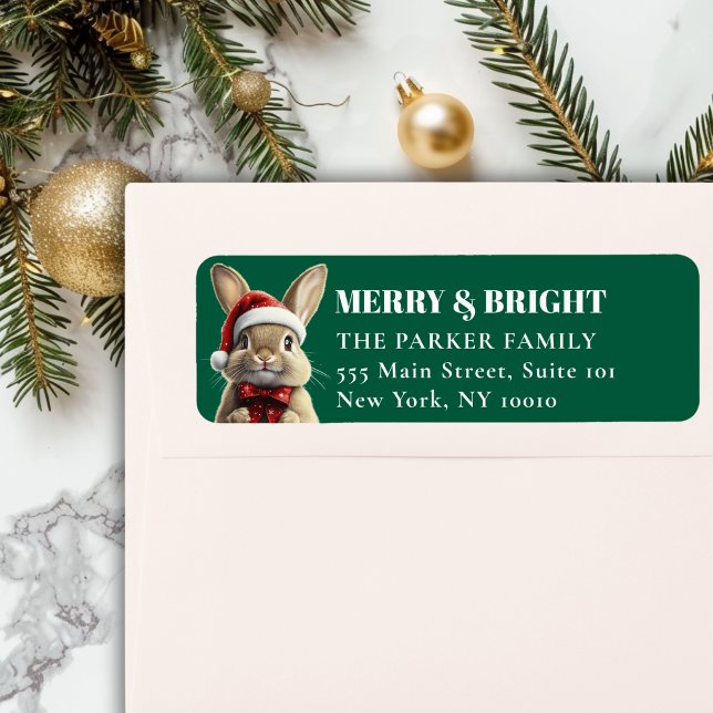 MERRY Christmas! Adorable, Rabbit, Santa Hat (MERRY & BRIGHT! Adorable, Rabbit With Red Santa Hat and Ribbon, Green Address Return Labels.)