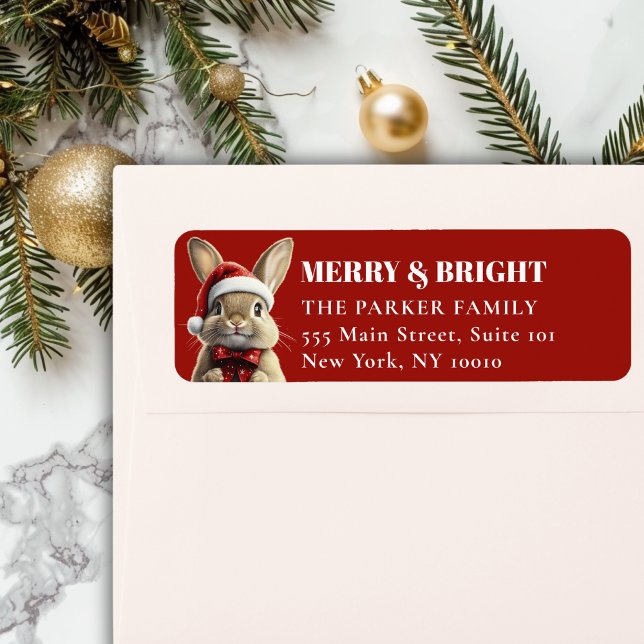 MERRY Christmas! Adorable, Rabbit, Santa Hat (MERRY & BRIGHT! Adorable, Rabbit With Red Santa Hat and Ribbon, Red Address Return Labels.)