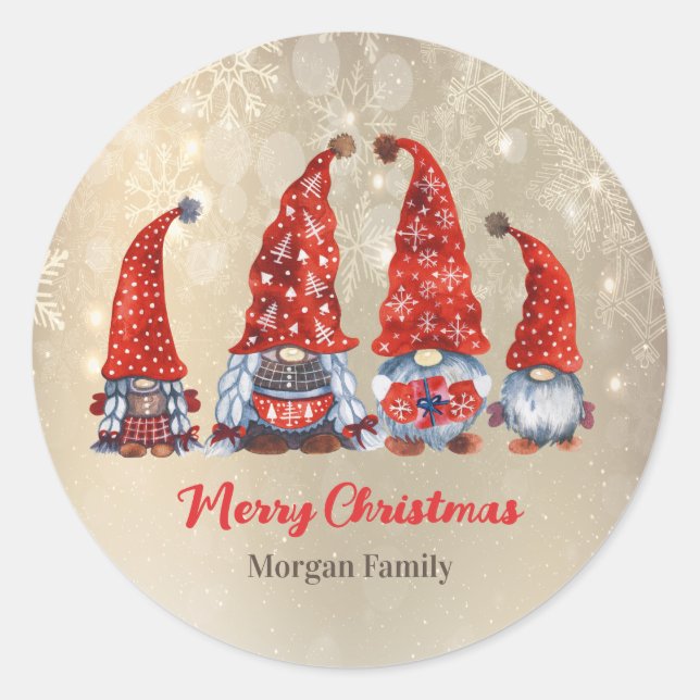 Merry Christmas,Adorable Red Gnomes   Classic Round Sticker (Front)