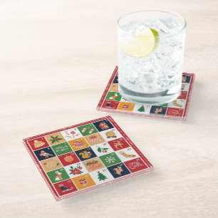 Merry Christmas Advent Calendar Poinsettia Red Glass Coaster