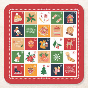 Merry Christmas Advent Calendar Poinsettia Red  Square Paper Coaster