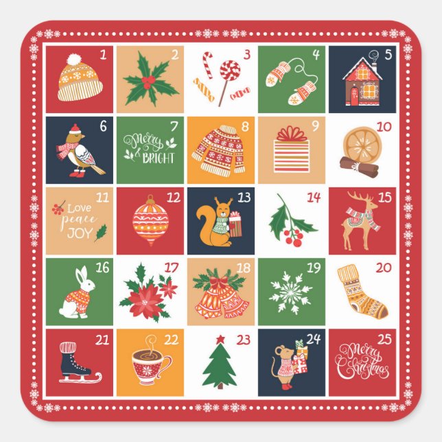 Merry Christmas Advent Calendar Poinsettia Red Square Sticker (Front)