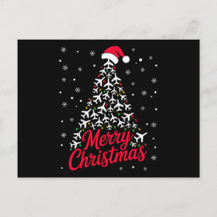 Merry Christmas Aeroplane Tree Santa Hat Snowflake Holiday Postcard