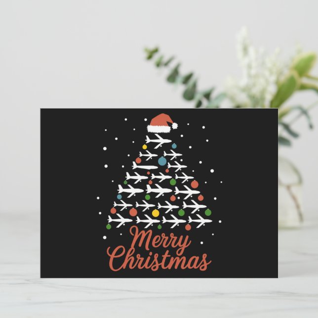 Merry Christmas Aeroplane Tree Vacation Holiday Card (Standing Front)