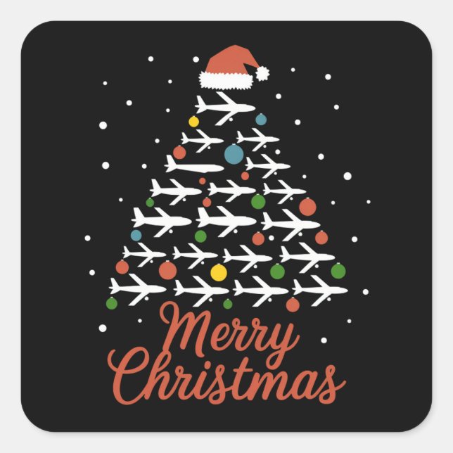 Merry Christmas Aeroplane Tree Vacation Square Sticker (Front)