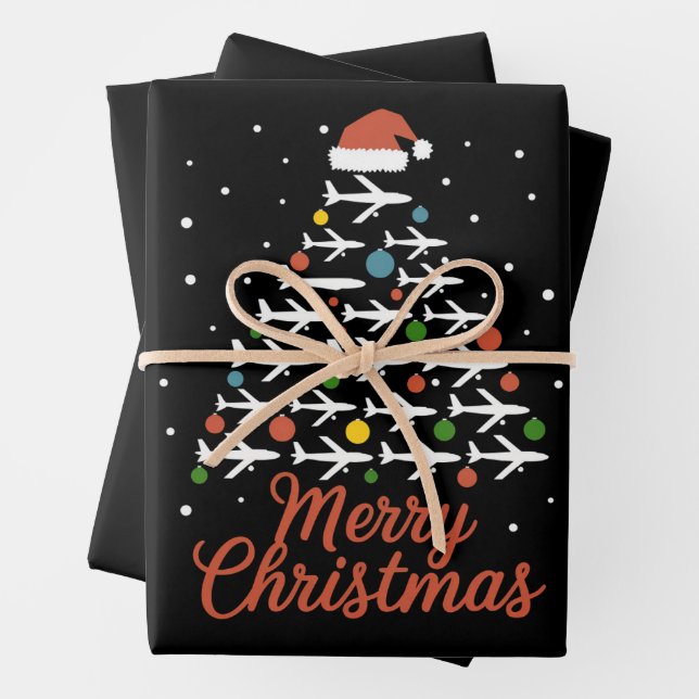 Merry Christmas Aeroplane Tree Vacation Wrapping Paper Sheet (In situ)