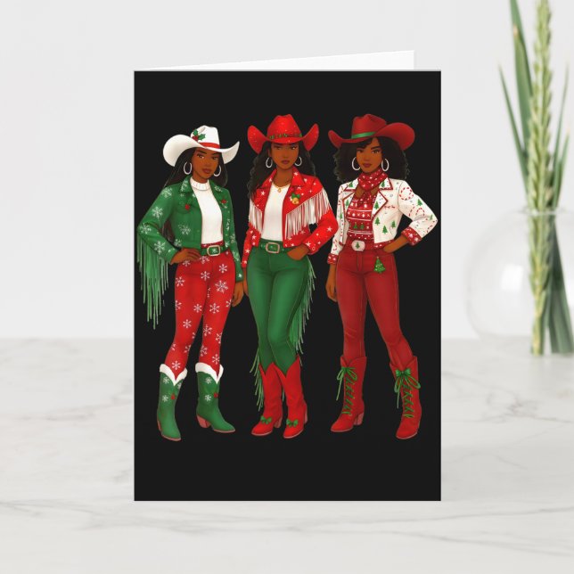 Merry Christmas African American Afro Cowgirl West Card (Front)