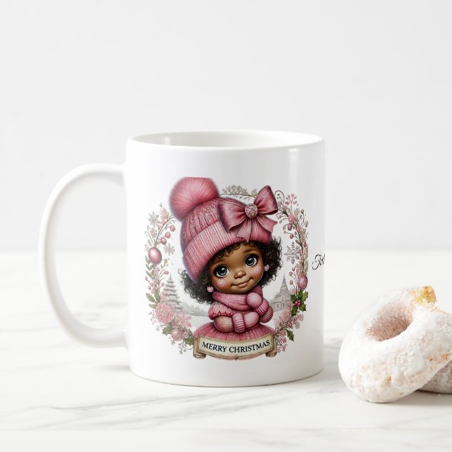 Merry Christmas-African American Girl Mug (With Donut)