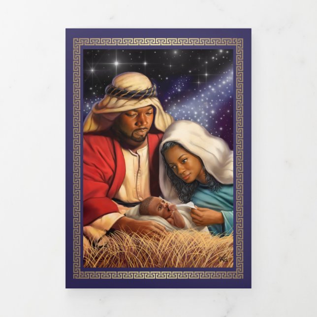 Merry Christmas. African American Nativity Art Tri-Fold Holiday Card (Cover)