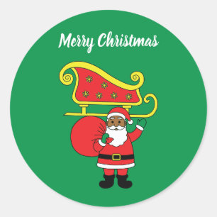 Merry Christmas African American Santa Claus Green Classic Round Sticker