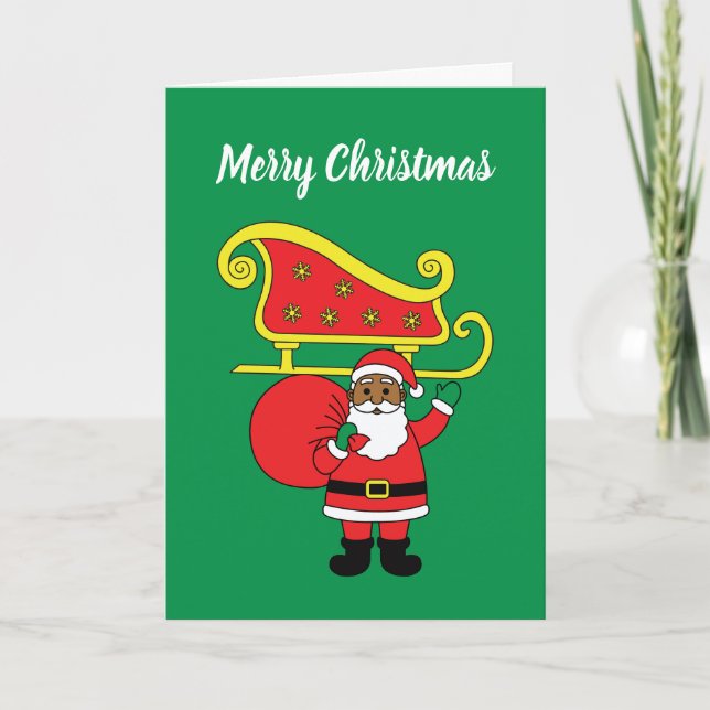 Merry Christmas African American Santa Claus Green Holiday Card (Front)