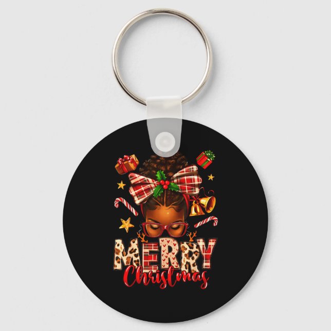 Merry Christmas Afro Messy Bun Xmas 2025 Woman Gir Key Ring (Front)