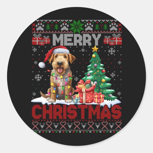 Merry Christmas Airedale Terrier Dog Lover Ugly Xm Classic Round Sticker (Front)
