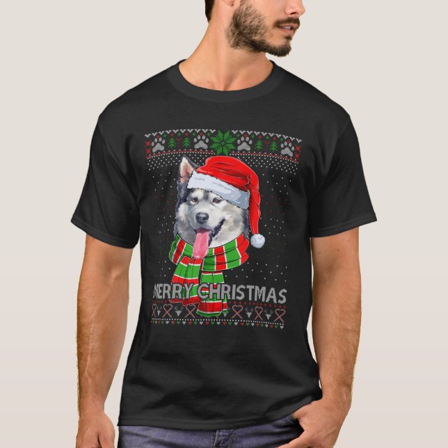 Merry Christmas Alaskan Malamute Santa Ugly Xmas S T-Shirt (Front)