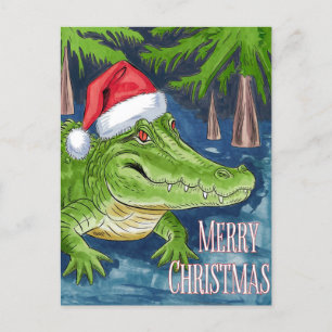 Merry Christmas Alligator with Santa’s Hat Holiday Postcard
