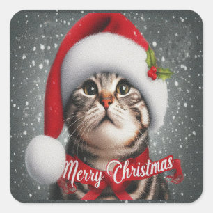 Merry Christmas American shorthair Cat , Santa Cat Square Sticker
