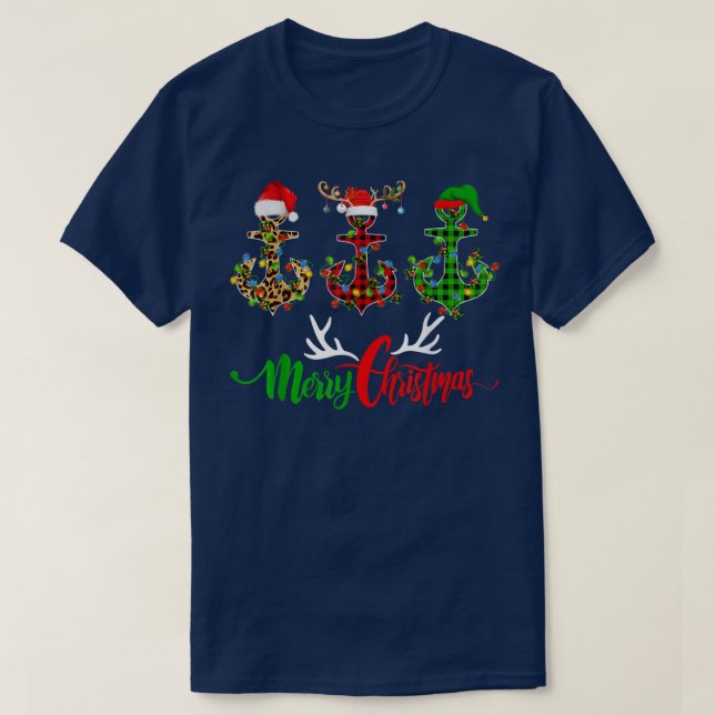 Merry Christmas Anchor Boating Sailing Xmas Lights T-Shirt (Design Front)