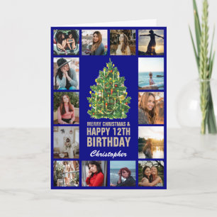 Merry Christmas and 12th Happy Birthday Navy Blue Card