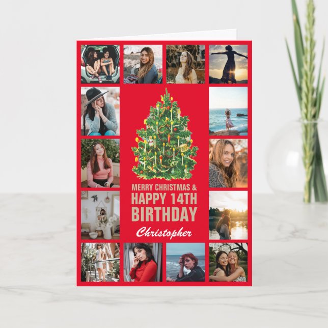 Merry Christmas and 14th Happy Birthday Red & Gold Card (Front)