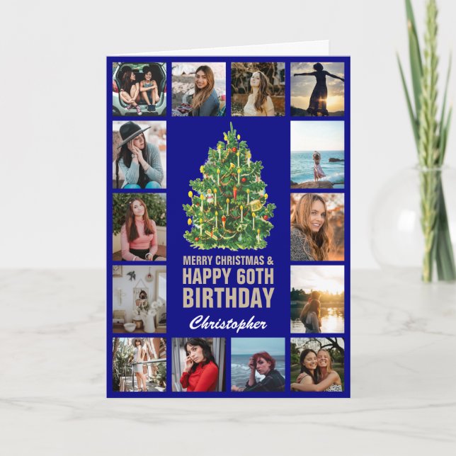 Merry Christmas and 60th Happy Birthday Navy Blue Card (Front)