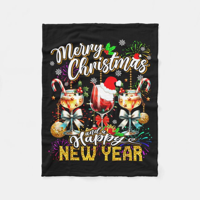 Merry Christmas And A Happy New Year Wine Gles Fir Fleece Blanket (Front)
