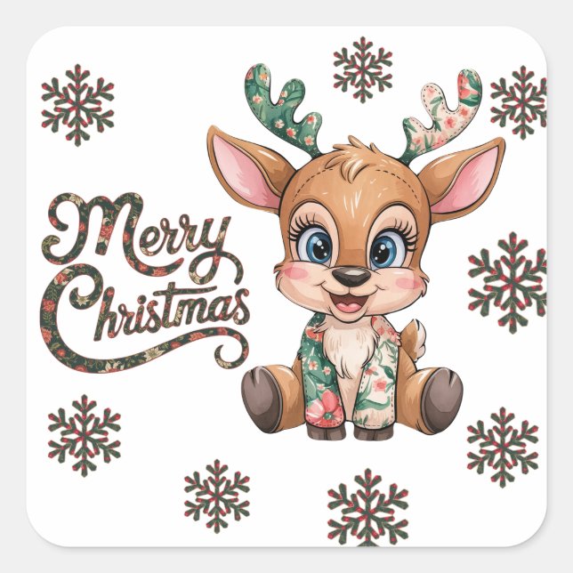 Merry Christmas and a Reindeer Sewn Patchwork Square Sticker (Front)