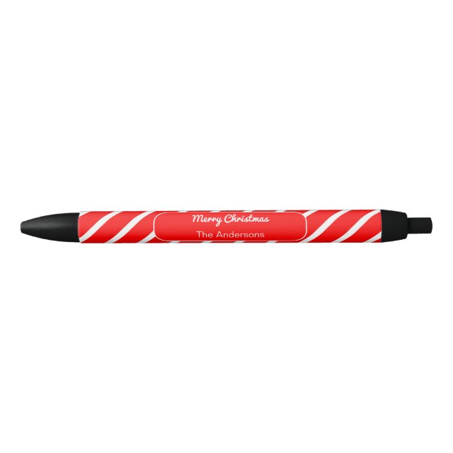 Merry Christmas and Add Name Red and White Stripes Black Ink Pen (Front)
