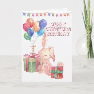 Merry Christmas and Happy Birthday Balloons Gifts Holiday Card