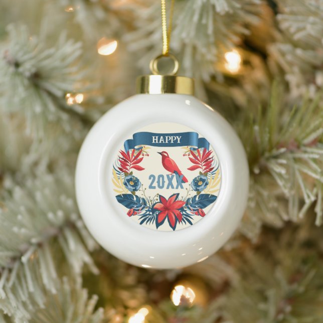 Merry Christmas and Happy New Year! 2024 Red Bird Ceramic Ball Christmas Ornament (Tree)
