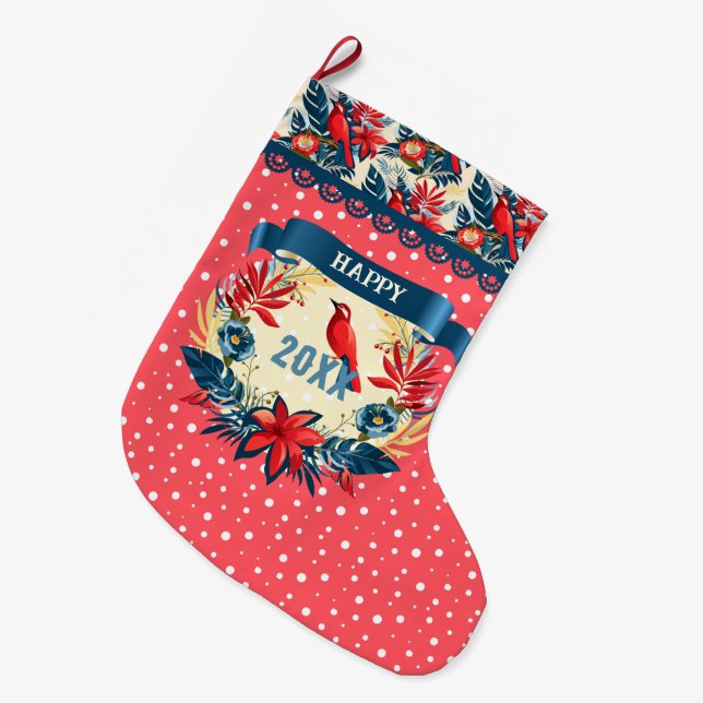 Merry Christmas and Happy New Year! 2026 Red Bird Large Christmas Stocking (Front (Hanging))