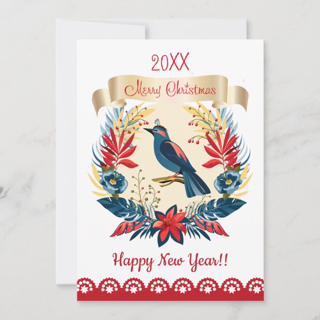 Merry Christmas and Happy New Year! 20XX Blue Bird Holiday Card (Front)