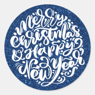 Merry Christmas and Happy New Year Blue Glitter Classic Round Sticker