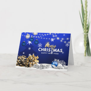 Merry Christmas and Happy New Year Blue Ornaments Card