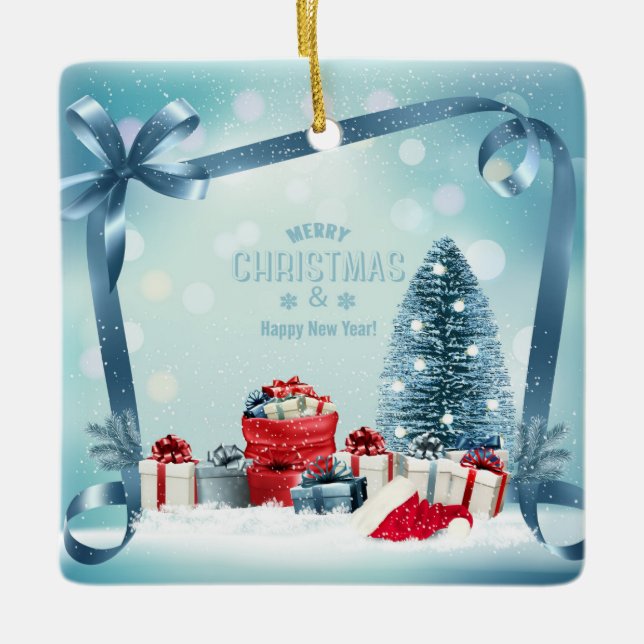 Merry Christmas and Happy New Year Ceramic Ornament (Front)