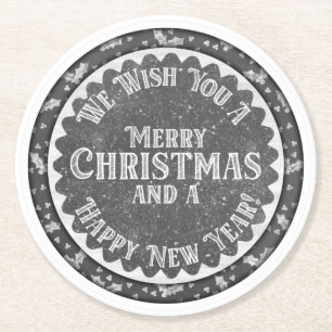 Merry Christmas and Happy New Year Chalkboard Round Paper Coaster