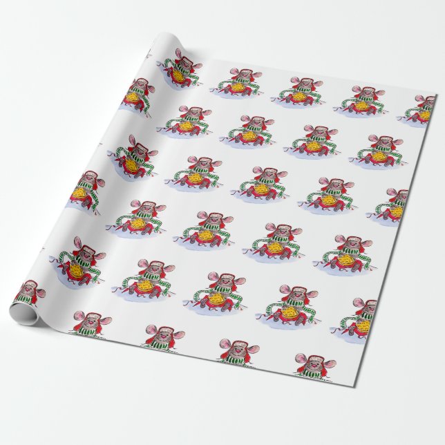 Merry Christmas and Happy New Year Cheese Mouse Wrapping Paper (Unrolled)