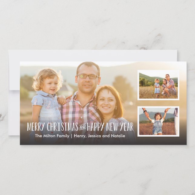 Merry Christmas and Happy New Year Full 3 Photo Holiday Card (Front)