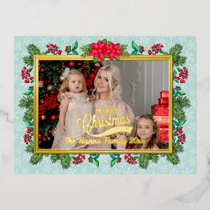 Merry Christmas and Happy New Year Gold Frame Foil Holiday Postcard