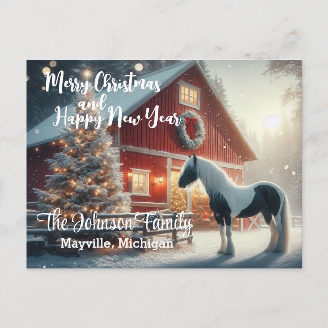 Merry Christmas and Happy New Year Horse and Barn Postcard (Front)