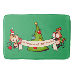 Merry Christmas And Happy New Year Monkeys Bath Mat